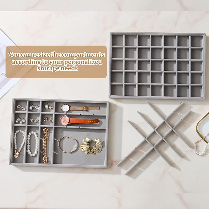 Large Jewelry Organizer for Drawer Insert Velvet Stackable Jewelry Trays for Earring Necklace Bracelet Ring Display (Gray, 35 Grids)