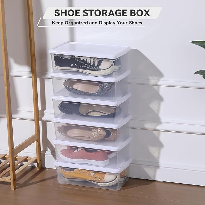 novelinks 12 Pack 6 Quart Clear Plastic Shoe Storage Bins with Lids(White) | Shoe Boxes Clear Plastic Stackable, Clear Shoe Storage Boxes, Shoe Containers, Shoe Bins, Craft Organizers and Storage