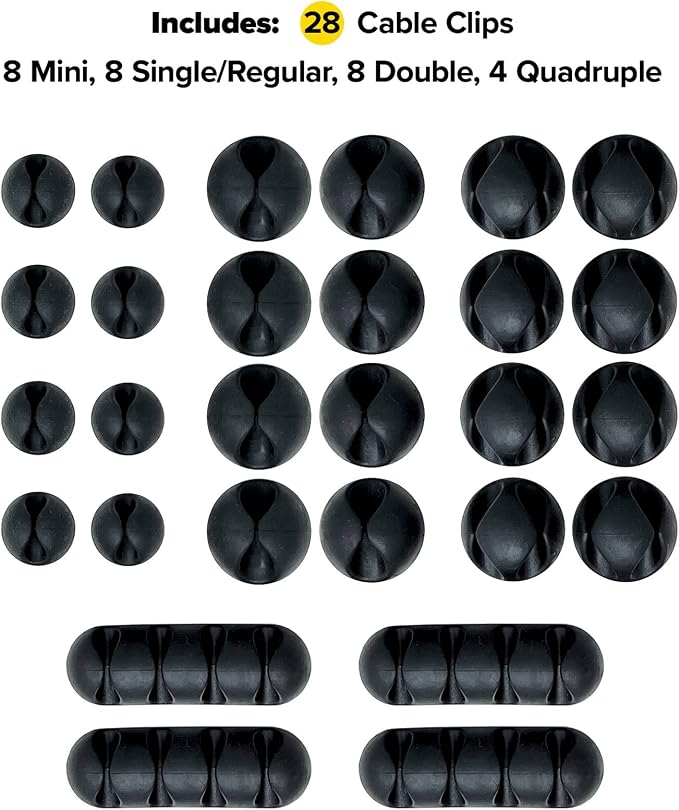 Wrap-It Storage Cable Clips - (Assorted 28-Pack) Black - Desk and Nightstand Cable Holder for Phone and Bedside Table Cord Organizer