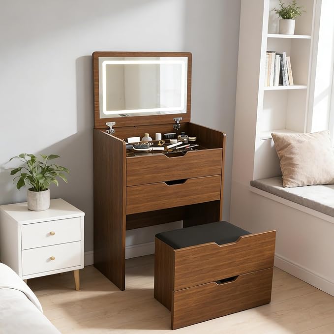 3 in 1 Vanity Desk with Mirror and Lights,23.6" Walnut Small Make Up Vanity Set with Visible Glass Desktop,Compact Makeup Vanity with 3 Drawers & Stool, Flip Top Makeup Dressing Table for Bedroom