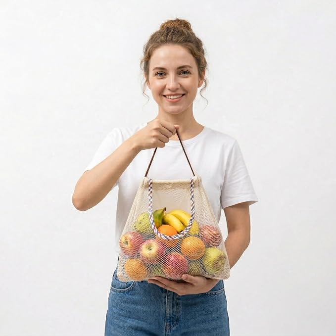 Durable Reusable Hanging Storage Mesh Bags for Fruits, Vegetables, Garlic, Ginger & Potatoes, Kitchen Storage Mesh Bag, Breathable Storage Bags for Pantry, Home Decor & Kitchen Decor (2 white bags)
