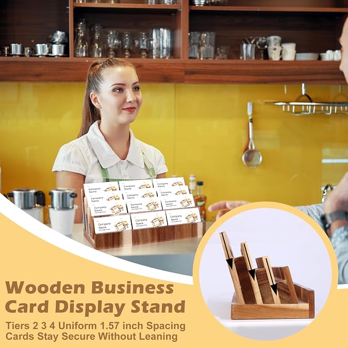 DLUGOPIS 4 Tier Acacia Wood Business Card Holder Desktop Display Stand Multiple Wood Business Card Organizer Rack Gift Card Pamphlet Display for Exhibition Home Office