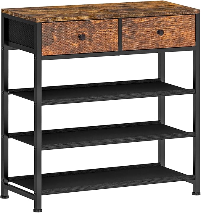 usikey Shoe Rack, 4 Tier Shoe Storage Organizer with 2 Drawers, Metal Shoe Shelf for 9-12 Pairs of Shoes, with 3 Oxford Fabric Shelves and Wooden Top, Shoe Stand for Entryway, Closet, Rustic Brown
