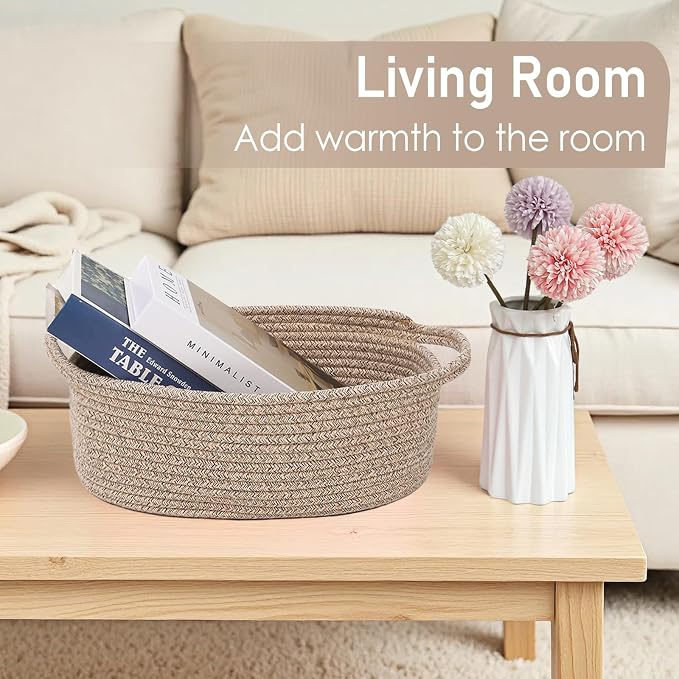 JMvicyroam Woven Basket,Small Rope Storage Bin with Handles & Ribbon Bag, Organizer for Shelves Closets,Gift Basket Empty for Birthday,Books,Dog Toys,Oatmeal/2 Pack
