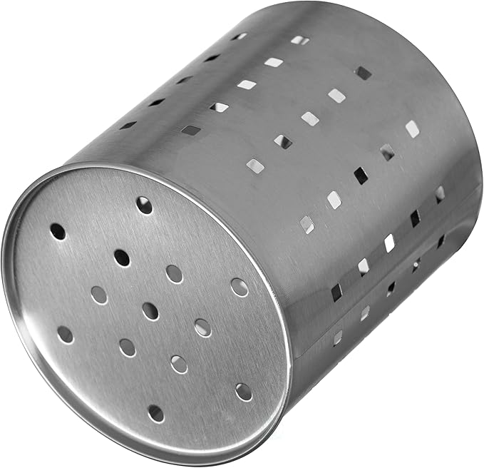 Basicwise Round Metal Utensil Holder Countertop Organizer with Drain Holes for Cooking Spoons, Spatulas, Cutlery, and Silverware Stylish Storage Solution for Kitchen Counter, Silver