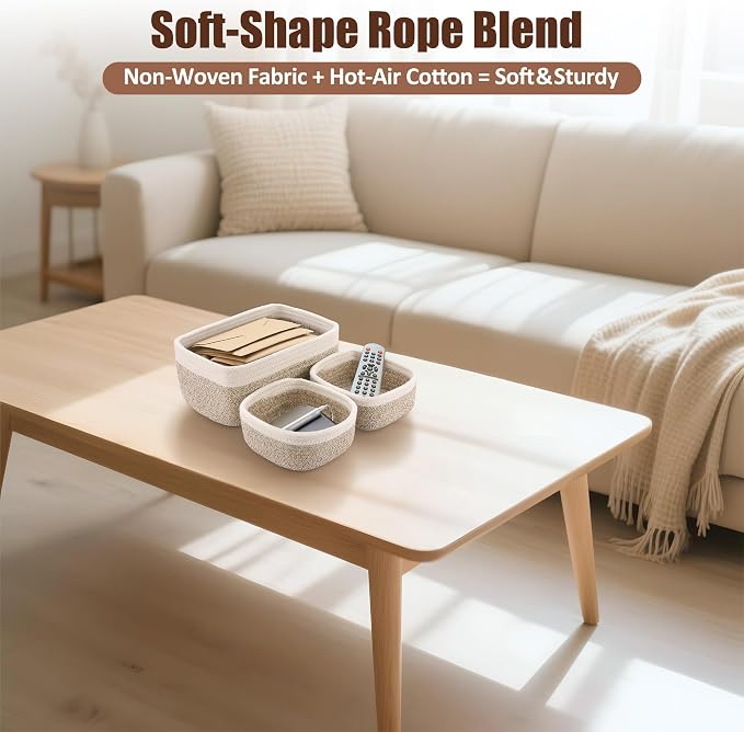 5-Pack Small Woven Rope Storage Baskets, 2 Sizes Organizer Bins | Fabric Cube Boxes and Rectangular Shallow Bins for Closet, Shelf, Bookshelf, Nursery, Changing Table, Bathroom, Toys & Home