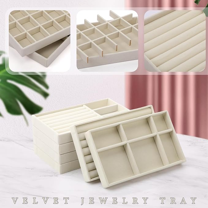 Inbagi 8 Pcs Small Velvet Jewelry Trays Stackable Drawers Organizer Inserts Divided Display Trays for Earring Ring Necklace, Beige