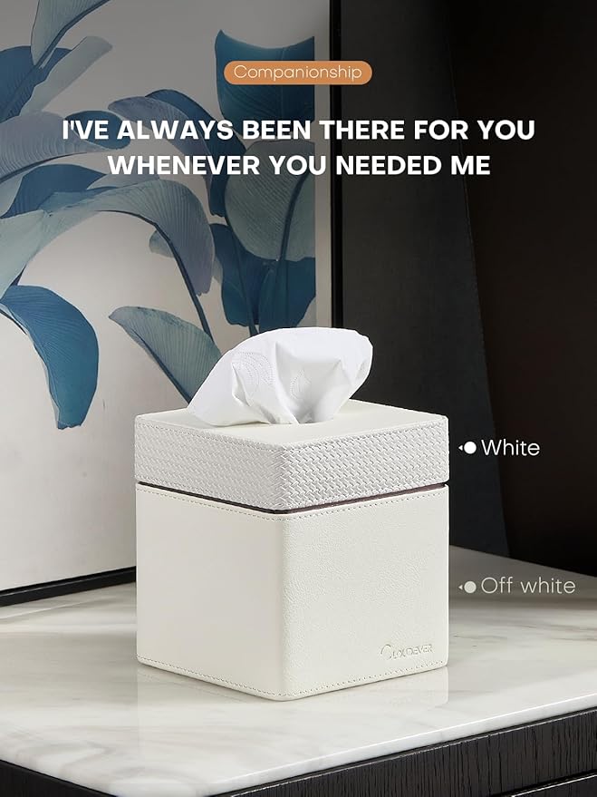 Tissue Box Holder Cover, Modern PU Leather Square Decorative Tissue Holder Organizer-Woven New Off White