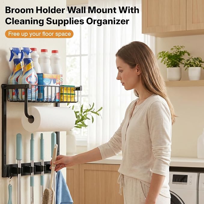 Broom Holder Wall Mount, Broom and Mop Organizer Wall Hanging with Paper Towel Holder & Removable Anti-fall Basket, Wall Mount Cleaning Supplies Organizer for Laundry Room, Apartment, Utility Room
