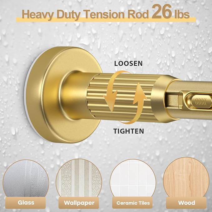 Gold Tension Curtain Rod 41-100In(4-8Ft), Outdoor Curtain Rod No Drilling for Window or Patio, Heavy Duty Shower Tension Rod,Rod Diameter 1.26In-One-bond stretching