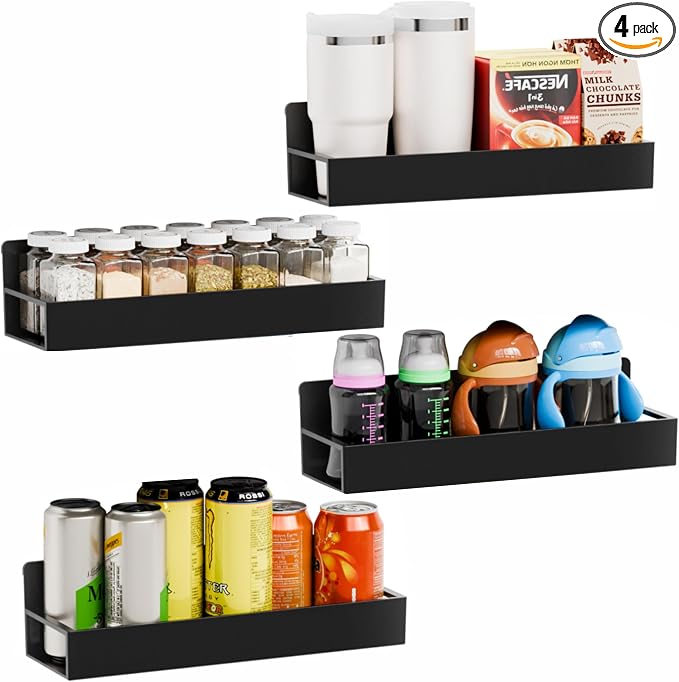Yieach 4 Pack Black Spice Rack Wall Mount with Adhesive,11.5″L x 3.6″W,Stick on Seasoning Jar Spice Organization for Cabinet Door or Pantry Door,Adhesive Wall Spice Rack for RV,Kitchen,Inside Cabinets