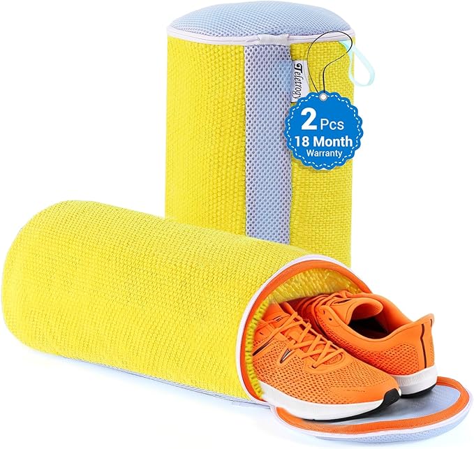 Large Shoe Washing Machine Bags for Sneakers & Tennis Shoes, Yellow 2-Pack | Large Shoe Laundry Bags fit Most Shoe Sizes, Durable Hidden Zippers Keep Shoes Secure, Washer/Dryer Safe for Less Scrubbing