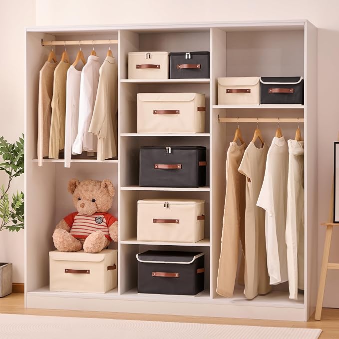 2PCS Storage Bins with Zippered Lid Decorative PU Leather Boxes | Foldable Washable Stackable Basket Container, Lidded Shelf Closet Organizer, with Handles & PP Plastic Boards, Black-Large