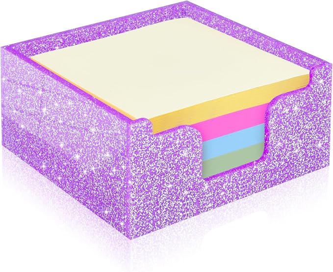 Rouidr Acrylic Sticky Note Holder, Self Stick Note Pad Holder, Purple | 3.94 x 3.94 Inch Glitter Memo Pad Dispenser Organizer for School Office Home Desk Supplies