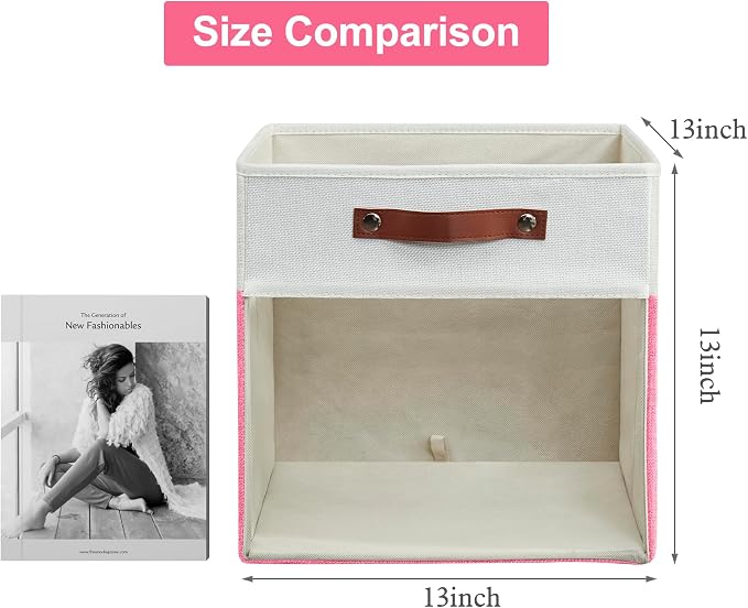 Bagnizer Storage Cubes, 4 Pack Linen Foldable Storage Bins (13 x 13 inch) with Clear Window and Handles, Fabric Organizer for Shelf Closet, Clothes, Books - (Pink and White)