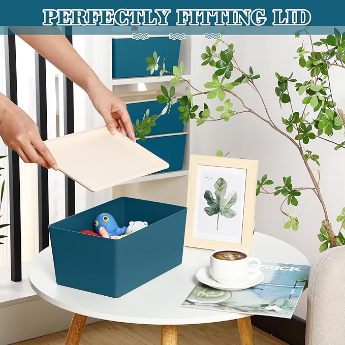 Menkxi 4 Pcs Storage Bins with Lids Plastic Stackable Containers for Organizing Shelves Christmas Ornament Box Baskets(Blue,Small)