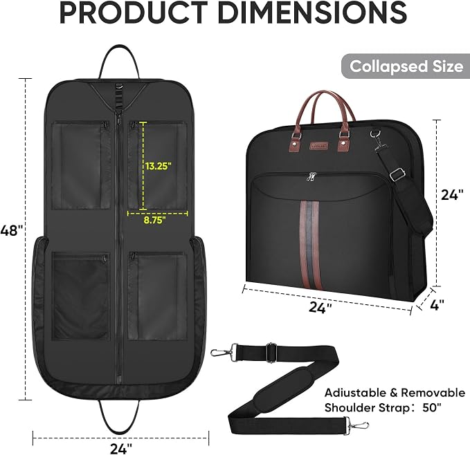 BALEINE Travel Garment Bag, Travel Suit Bag for Men, Water Resistant Carry on Garment Bag for Hanging Clothes, Garment Duffel Bag for Travel Business (Black, 48")