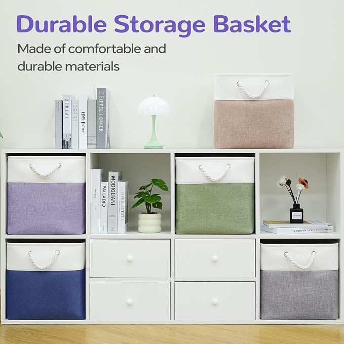 13 x 13 Inch Cube Storage Bins, 6 Pack Fabric Storage Basket with Handles, Foldable Boxes Organizer for Shelf Baskets for Home, Clothes (White/Purple)