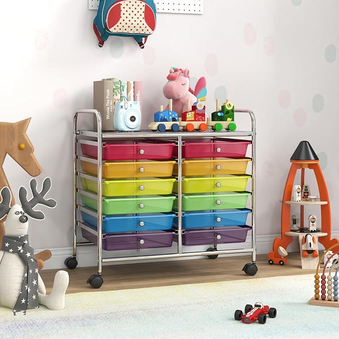 LDAILY 12 Drawer Rolling Storage Cart, Craft Cart Organizer on Wheels w/Metal Frame, Large Capacity & Smooth Drawer, Rolling Cart w/Drawers for Classroom, Office
