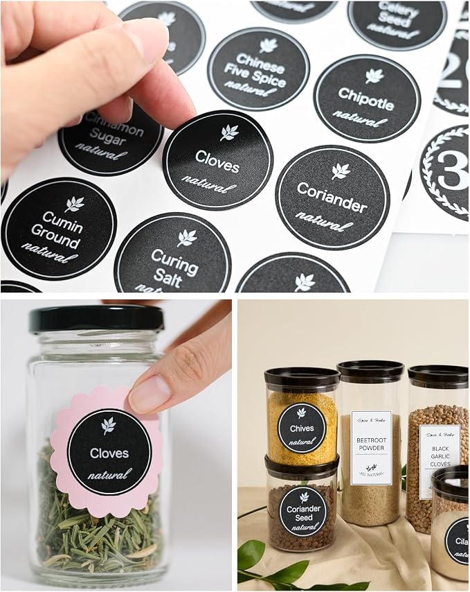 388 Pcs Spice Jar Labels Set- Stickers Waterproof Preprinted Pantry Labels with Blank Label, Black & White Stickers for Kitchen Jars Food Containers Spice Organizers Storage Bins