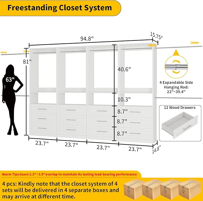Closet System Set of 4, 8FT-21FT Walk in Closet System with 12 Drawers & 8 Adjustable Hanging Rods, Custom Closet Organizer Systems with 4 Shelves, Modular Closet Storage System Organizer Kit, White