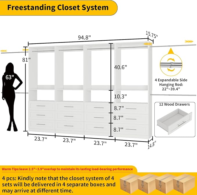 Closet System with 12 Drawers, 8-21FT Closet Systems for Walk in Closets with 8 Expandable Rods & 4 Shelves, Custom Wood Modular Closet Organizer Drawer System Shelving Kit, 4 Sets, White