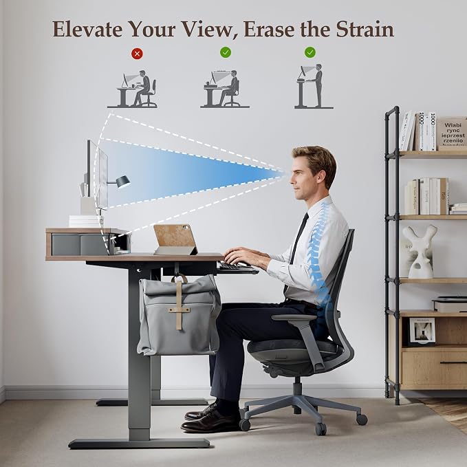 Klicelor 48 x 24 Inch Electric Standing Desk with Drawers and Keyboardtray, Adjustable Height Small Sit Stand Desk for Home Office, Compact Computer Workstation with Storage- Rustic Brown