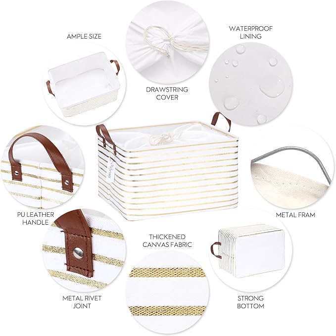 Hinwo 31L Large Storage Bins, 4-Pack Closet Organizers and Storage, Foldable Clothes Storage Baskets with Handles, Containers for Clothing, Blanket, Towels, Toys, Bedding (Gold Stripe)