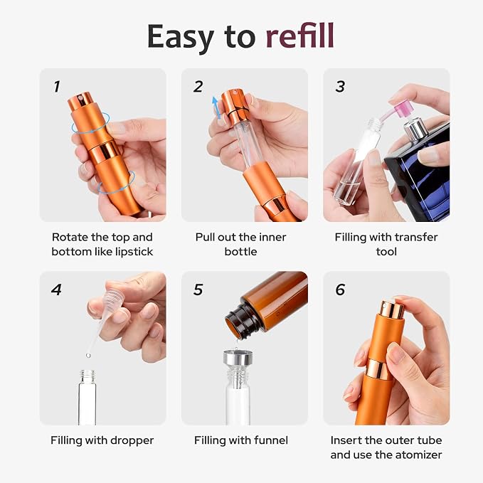 LISAPACK 8ML Atomizer Perfume Spray Bottle for Travel (3 PCS) Empty Cologne Dispenser, Portable Sprayer (Cyan, Rose Red, Orange)
