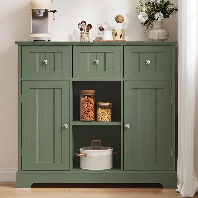 ChooChoo 35.4" Coffee Bar Cabinet with 3 Drawers and 2 Doors, Green | Buffet Cabinet with Adjustable Shelves, Storage Cabinet for Compact Kitchens, Dining rooms and Living rooms