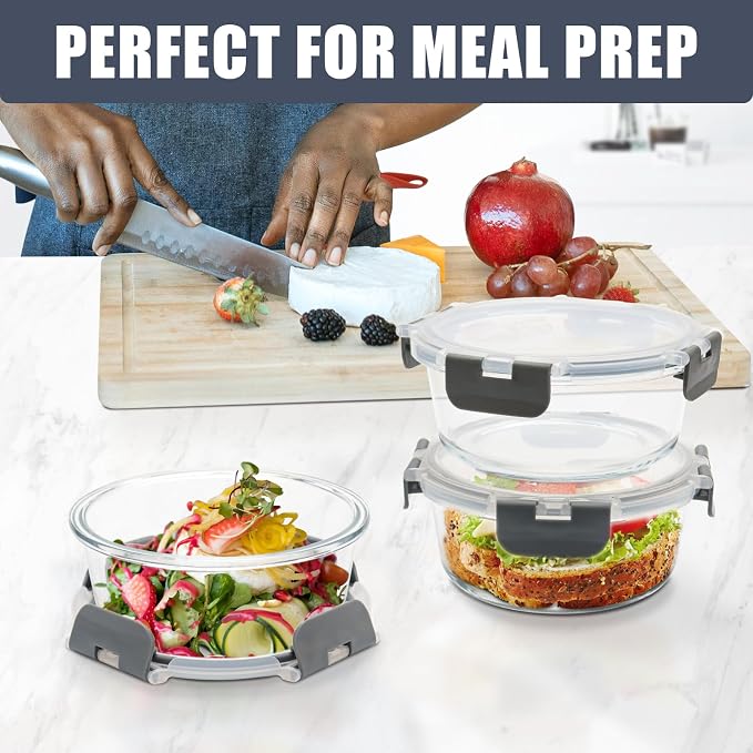 6 Pack, 21oz Round Glass Food Storage Containers with Airtight Lids, Grey | Portion Control Containers Set, Ideal for Meal Prep, Leftovers, Freezer to Microwave Safe
