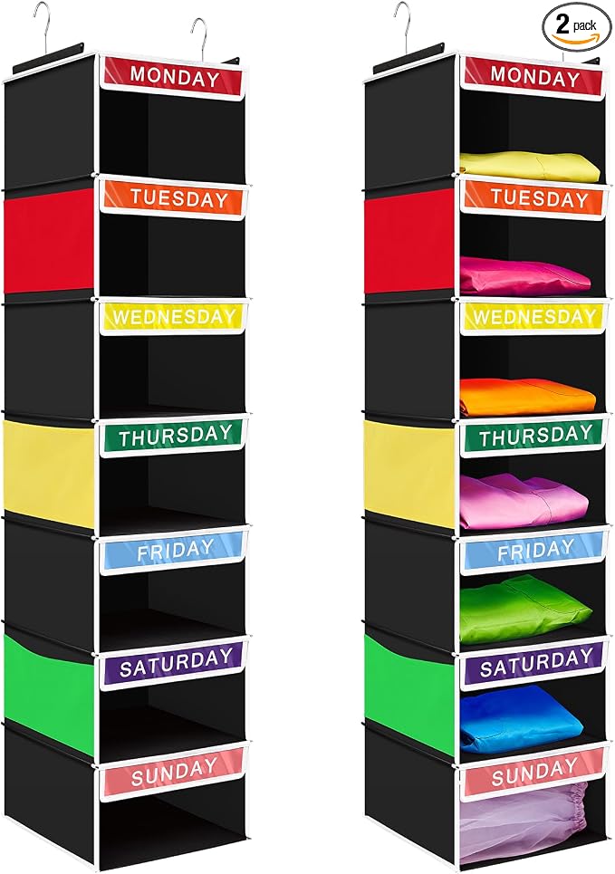 Amylove 2 Pcs 7 Shelf Weekly Clothes Organizer for Kids Hanging Closet Organizer 11. 8 x 11. 8 x 50 Inches Daily Activity Kids Clothes Storage Drawers Cube Drawers Closet Hanging Shelves(Black)