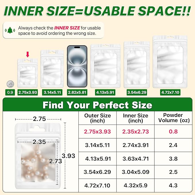 ANZNKU 100 PCS Resealable Mylar Bags with Frosted Clear Window Packaging Bags Foil Pouch Zipper Bag for Food Self Sealing Storage Supplies (2.75x3.93, White)