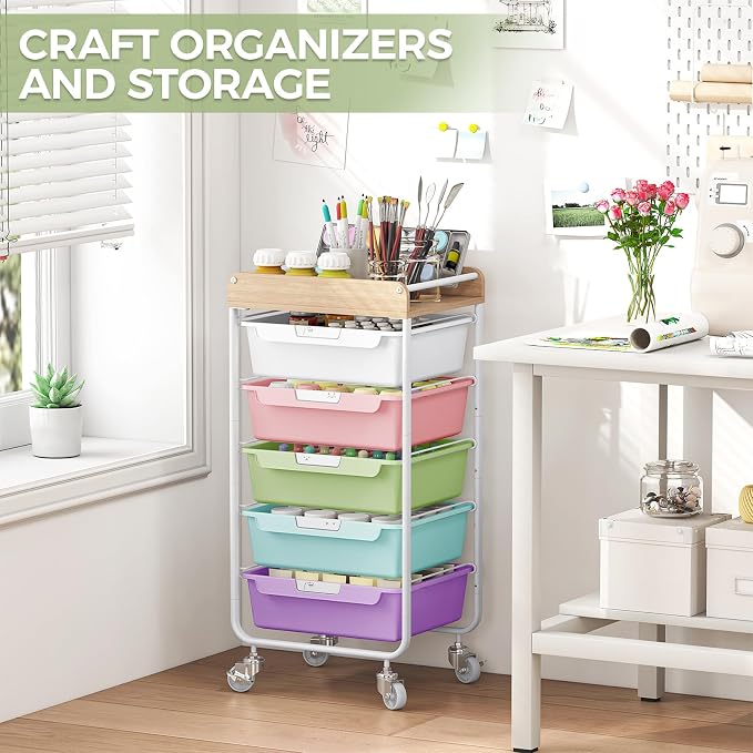 SYKIARIOL Utility Cart with 5 Labeling Drawers and Wooden Tabletop – Rolling Storage Cart for Crafters, Artists, Kids, Teachers, and Students – Organize Arts, Crafts, Sewing & Study Supplies