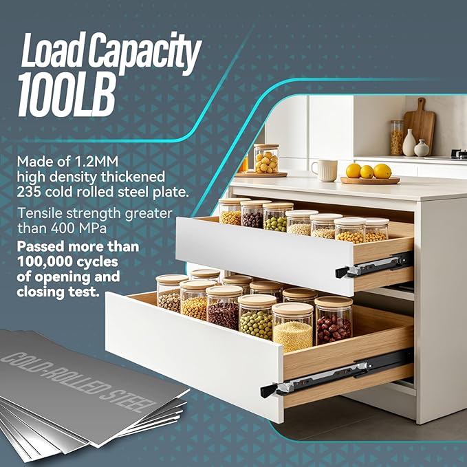 1 Pair Locking Full Extension Ball Bearing Drawer Slides 12 14 16 18 20 22 24 Inch 100 LB Load Capacity Side Mount File Cabinet Rails Dresser Runner Trash Can Kitchen (20 inch, Black)