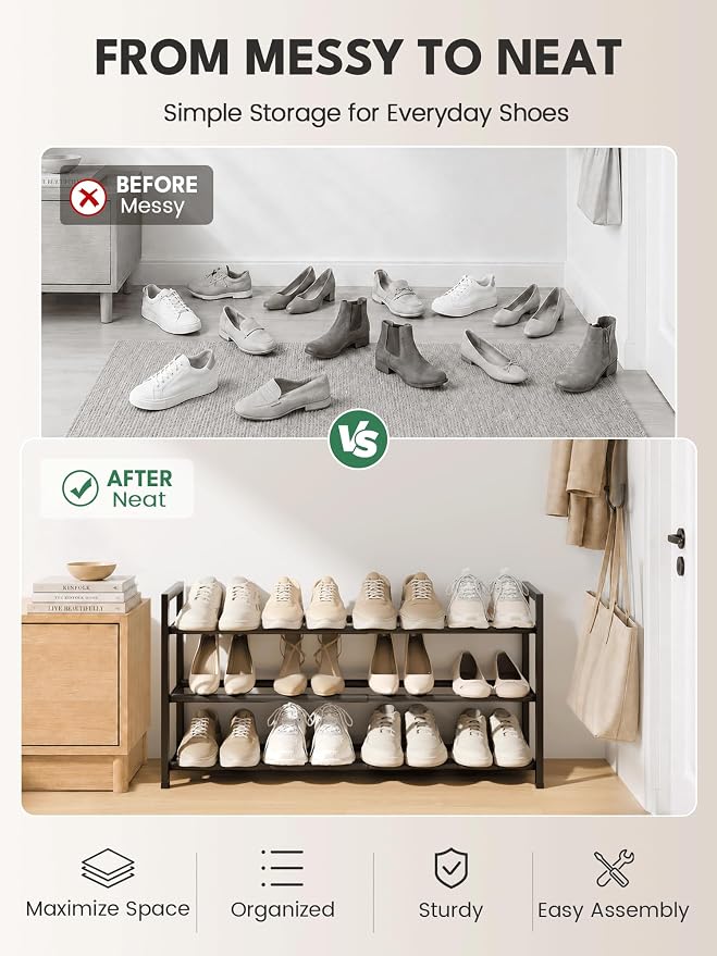 Bumusty 3-Tier Expandable Shoe Rack for Closet, 18“-33” Adjustable Shoe Rack for Small Space, Small Shoe Organizer for Front Door, Sturdy Metal, Black