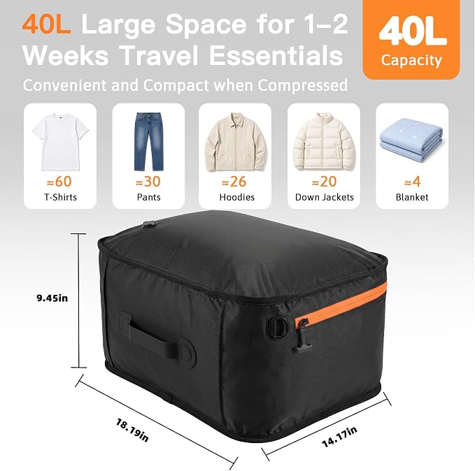 Travel Vacuum Bags With Pump, 2 Pack 40L Compression Kit for Clothes | IPX8 Waterproof; 3-5 Minute Compression; USB-C Cordless Pump; Up To 60-Minute Runtime; Saves Up To 60% Space; Airtight Seal