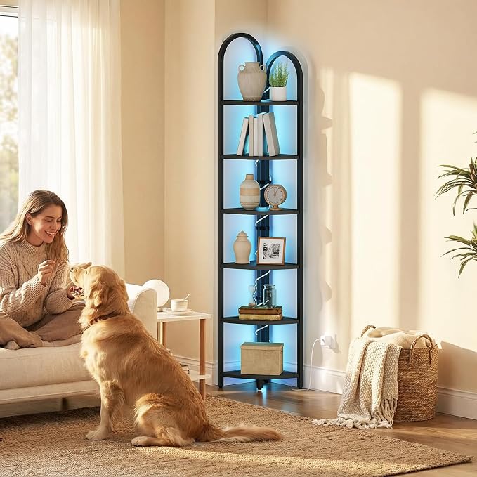 MAHANCRIS 6 Tier Corner Shelf with LED Light, 74.6'' Tall Corner Bookshelf Stand, Narrow Display Bookcase with Storage Rack for Wall Corner, Living Room, Bedroom, Small Spaces, Black CSBK66101