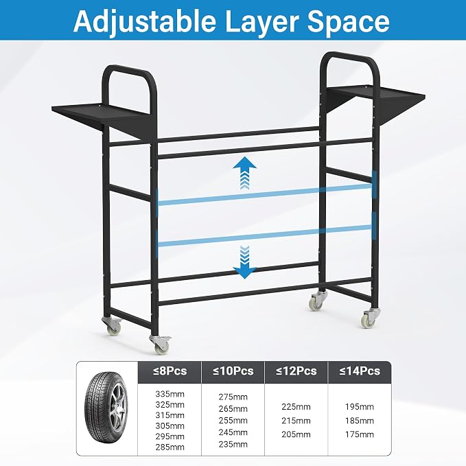 Tire Storage Rack 57" x 55.1" x 20" w/Anti-dust Cover | Adjustable Rolling Tire Rack for Garage Black w/4 Swivel Casters & 2 Storage Shelf for Garage Storage