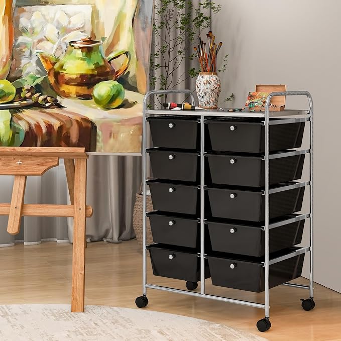 COSTWAY 10 Drawer Rolling Storage Cart, Utility Cart with Lockable Wheels | Mobile Art Supply Craft Organizer with Metal Frame, Multipurpose Drawer Cart for Paper for Office, School, Black