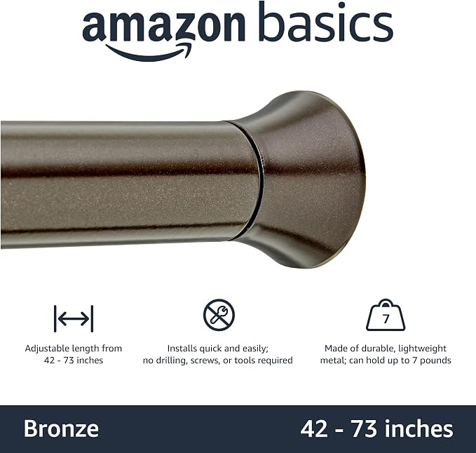 Amazon Basics No Drill Shower Curtain Tension Rod, Adjustable Length, 42-73", Bronze, Lightweight Metal