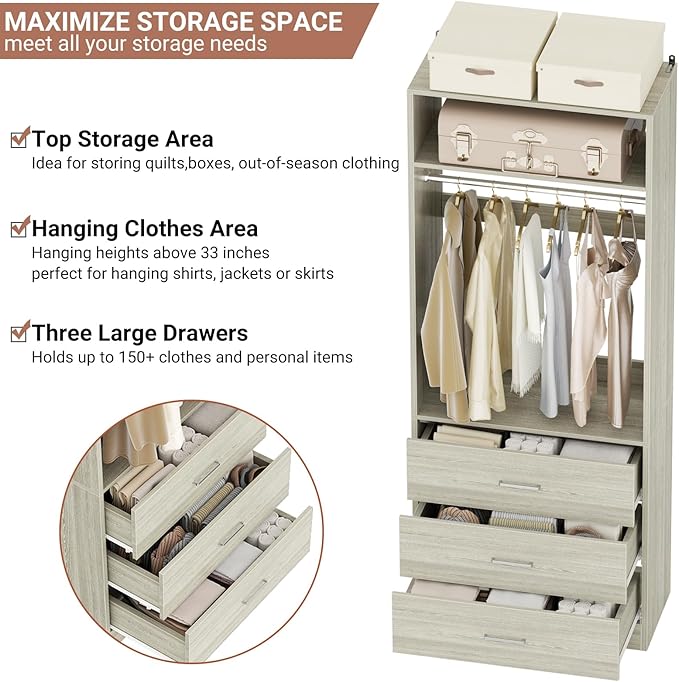 Besiost Closet System Set of 4, 8FT Closet Systems with 12 Wood Drawers, 96" Closet Organizer System with 4 Hanging Rods & 4 Shelves,Heavy Duty 96 Inch Walk-in Closet,White Oak (96"L x 15" W x 80" H)