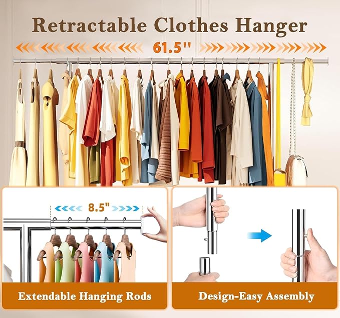 Simple Trending Heavy Duty Clothing Clothes Rack with Wheels for Hanging, Metal Rolling Garment Rack Organizer Load 500 LBS, Chrome | 500LBS Load, Metal Garment Rack, Industrial 360° Lockable Wheels, Bottom Shelf, Bedroom, Laundry Room