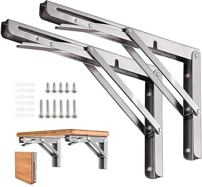 Folding Shelf Brackets 12 inch 4 Pcs Max. Load 220lb - Heavy Duty Stainless Steel DIY Wall Mounted Collapsible Shelf Bracket, Space Saving for Garage Workstation, Stuff Supports, Table, Workbench