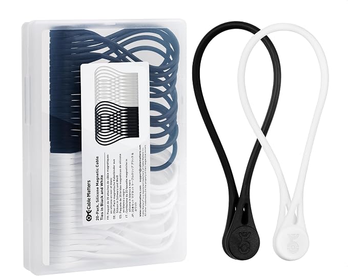 Cable Matters 20-Pack Ultra Strong Silicone Magnetic Cable Ties | Black and White, Magnetic Cord Ties, ZipTies, Cord Organizer