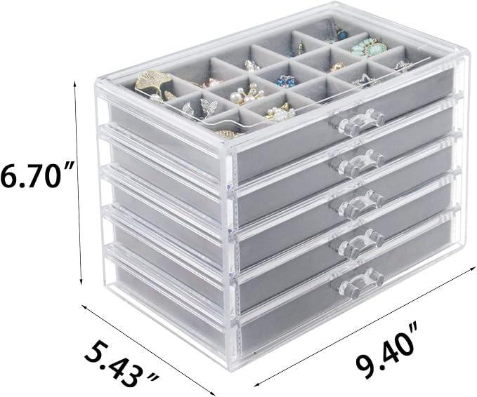Watpot Acrylic Jewelry Box with 5 Drawers, Clear Earring Storage Organizer Display Case for Women Girls, Gray