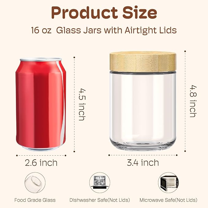 16 oz Overnight Oats Containers with Bamboo Lids, Glass Mason Jars 6 Pack | Airtight Seal Keeps Leakproof, Wide Mouth for Easy Filling & Cleaning, Ideal for Chia Pudding, Yogurt Parfaits & Meal Prep