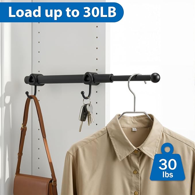 Valet Rod for Closet Pull Out with Hooks, Easy To Install (Black, 12 Inch)