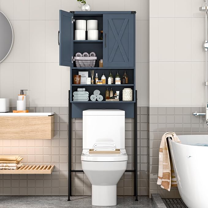 Vabches Over The Toilet Storage Cabinet, Farmhouse Over Toilet Storage Cabinet, Metal Frame with 2 Barn Doors, Home Space-Saving Toilet Rack for Bathroom, Toilet, Laundry Room.Blue