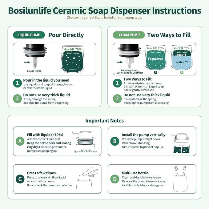 Bosilunlife 12Oz Ceramic Foam Soap Dispenser for Bathroom Kitchen Counter | Premium countertop foam pump creates delicate dense foam, stable desktop placement, Orange